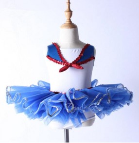 Royal blue white patchwork sequined sleeveless girls kids children performance tutu leotard skirt competition ballet dance dresses